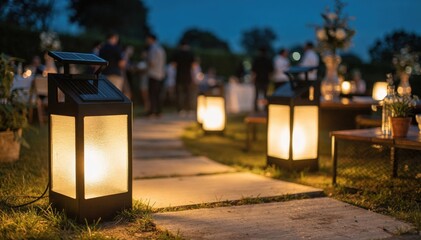 Naklejka premium Medium shot of solarpowered lanterns illuminating an outdoor event area with the background softly blurred to emphasize ecofriendly lighting.