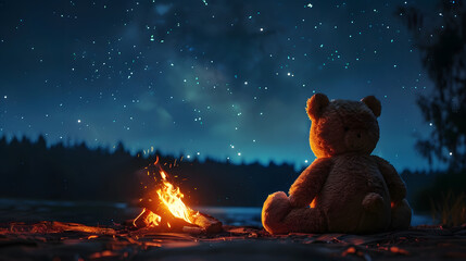 Title: Teddy Bear Watching Campfire Under Night Sky
