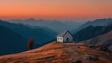 Mountaintop cabin at dawn