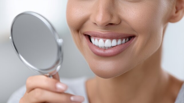 Individual examining their radiant smile in mirror after successful cosmetic dental procedure