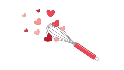 Whisk tool surrounded by floating pink and red hearts on white