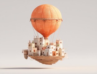 Floating city on an orange hot air balloon