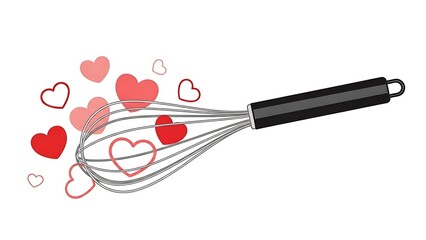 Whisk tool with hearts, representing baking, love, and culinary concepts on a white backdrop