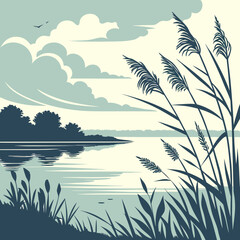 Calm Lake with Reeds and Reflections Outline Vector