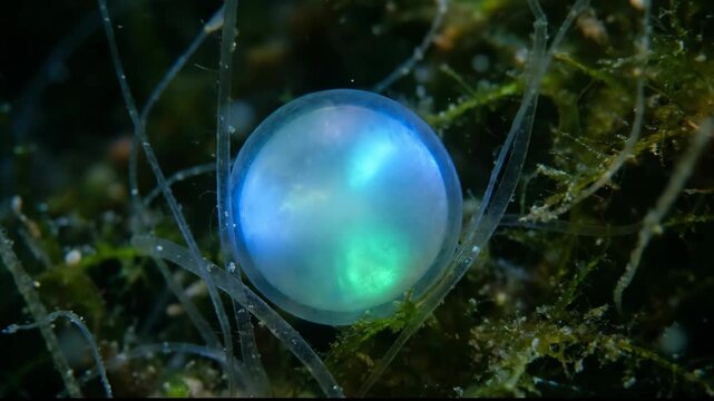 Close Up of Salp with Blue Bioluminescence Floating Among Seaweed