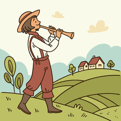 Traditional musician playing trumpet on green hill © ggg