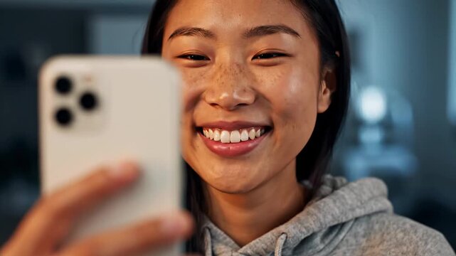 Happy young asian female taking a selfie on her modern smartphone. Cheerful woman with freckles smiling for a self portrait using her mobile phone camera