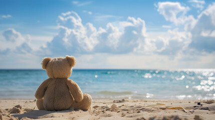 Title: Teddy Bear Sitting on Beach Facing Ocean
