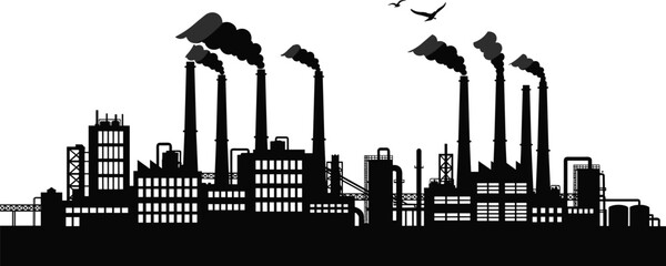 Obraz premium Industrial factory skyline silhouette with smoking chimneys illustrating pollution, manufacturing plants, urban industry environment, and heavy production concept isolated on white background