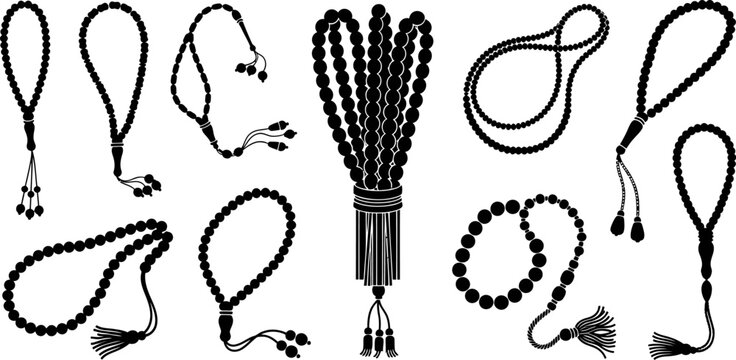 collection of various tasbih prayer beads on white background