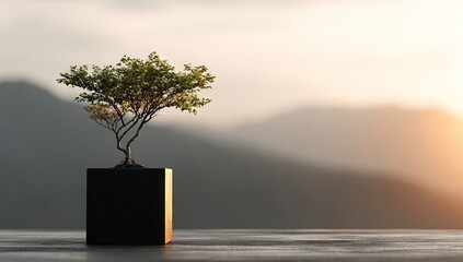 Small bonsai tree in a black cube, sunrise mountains