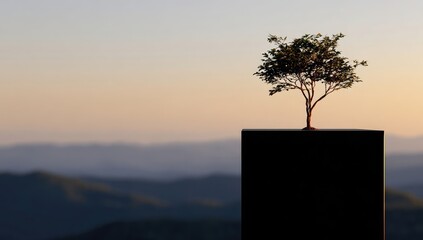 Small tree atop dark block, mountain backdrop at sunrise