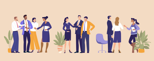 Conference Networking. Business people talk and exchange ideas in a lobby during a conference, symbolizing professional networking, informal collaboration, and relationship building.