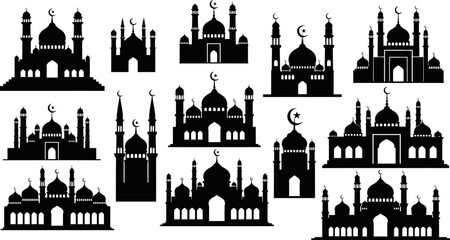 Collection of mosque silhouettes with domes and minarets in various architectural styles © Afia