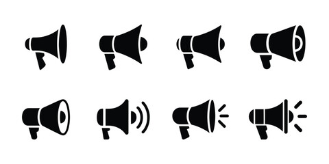 Vector megaphone icons set, loudspeaker silhouettes for announcement and communication