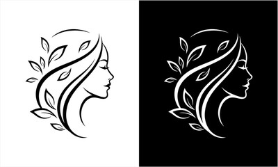 Elegant Woman Profile with Flowing Hair and Leaves Logo Design.