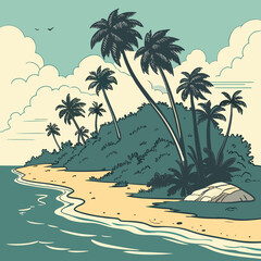 Obraz premium Tropical Island with Swaying Palm Trees - Vacation Paradise Vector Art