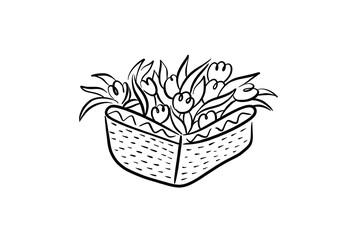 Spring black and white line drawing of tulips in a decorative woven basket illustration isolated on transparent background