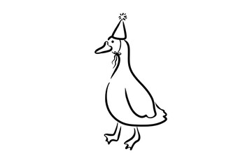 Spring cute handdrawn line art illustration of a duck wearing a small party hat isolated on transparent background © Lemon