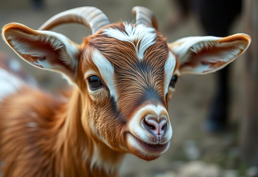 Close-up of a playful goat kid, brown and white fur, long ears, horn, wildlife