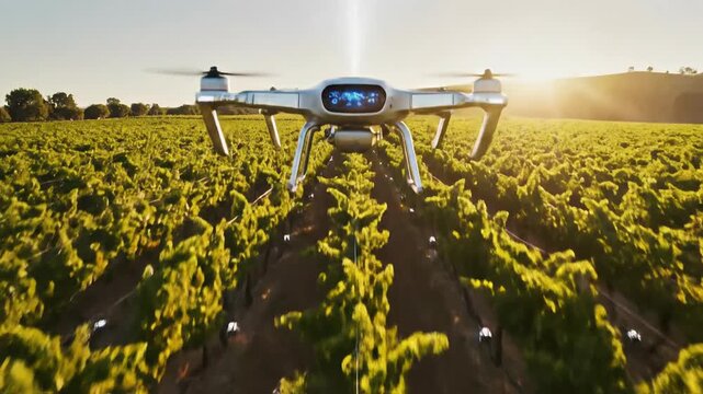Drone flying over vineyard with futuristic holographic data display, smart farming technology