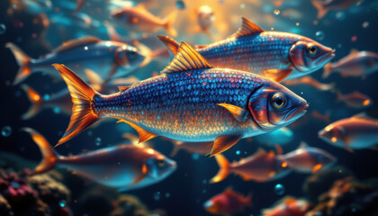 Fototapeta premium title: school of fish subject: school of fish swimming together, their scales shining in the light, style: geometric style