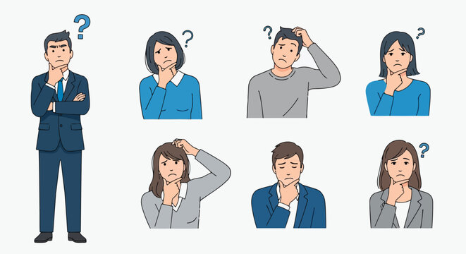 Diverse group of confused professionals in business attire showing uncertainty and contemplation through expressive gestures and poses