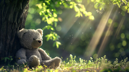 Title: Teddy Bear Sitting in Forest with Sun Rays
