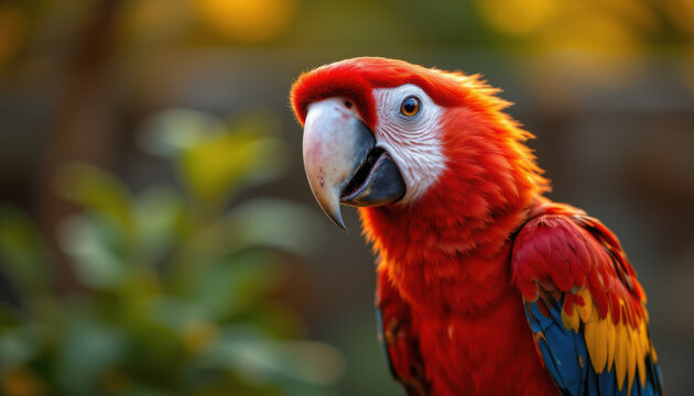 friendly and charismatic parrot character involved in an everyday activity   animal influencer   animals banner   subject at the top with copy space at the bottom   dazzling red tones   under golden h