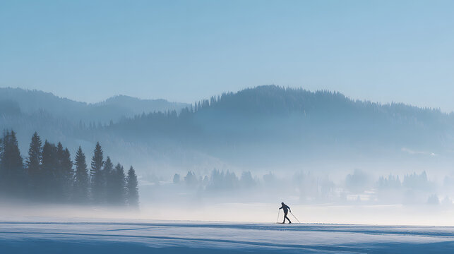 Cross country skiing ski trail morning haze misty landscape snow field pine trees mountain layers solitary skier