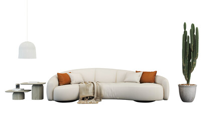 Interior furniture set 3D render. Living room house floor template minimal cozy mockup design , isolated on transparent background