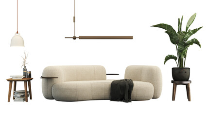 Interior furniture set 3D render. Living room house floor template minimal cozy mockup design , isolated on transparent background