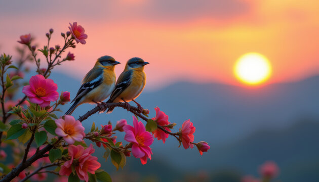 birds perched on a branch with vibrant flowers at sunset, position subject on right with copy space on left, optimize for photo use.