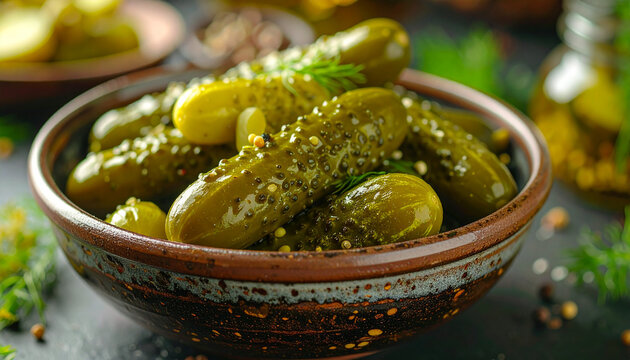 Homemade pickled cucumbers in ceramic bowl, delicious preserved vegetables, culinary preparation