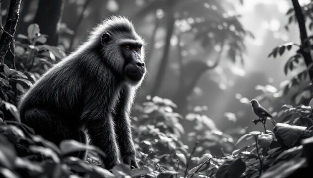 mandrill in the jungle create a striking black and white image featuring a mandrill standing majestically in the jungle