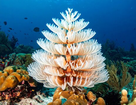 A vibrant underwater scene showcases a delicate white feather duster worm, resembling a Christmas tree, amidst coral reefs
