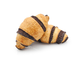 Two fresh chocolate croissants isolated on white background