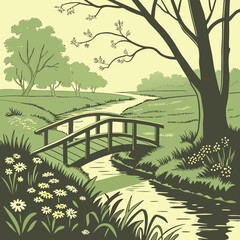 Fototapeta premium Small Bridge Over Calm Spring Stream with Lush Green Plants