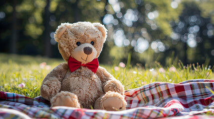 Title: Soft Teddy Bear Toy Sitting on Blanket in Nature
