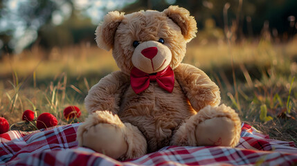Title: Brown Teddy Bear with Red Bow Sitting Outdoors
