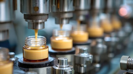 Automated production line filling glass jars with creamy cosmetic lotion in a modern factory