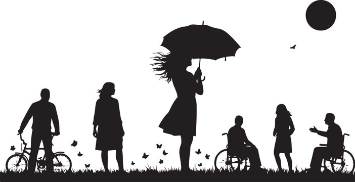 Silhouettes of people in a park on a windy day Vector