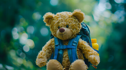Title: Cute Teddy Bear Wearing Blue Scarf on Green Background
