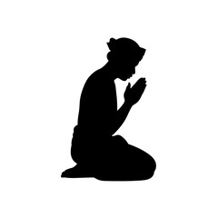 Balinese People Praying in Traditional Costume Illustration and Silhouette Set