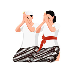 Balinese Wedding Couple in Royal Red and Gold Traditional Costume Illustration