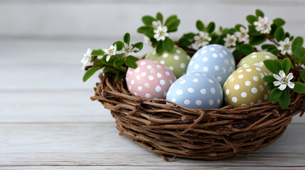 Obraz premium Rustic Easter basket holding pastel decorated eggs, handmade artistic details, clean white background, festive seasonal composition with copy space