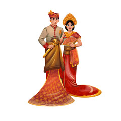 Indonesian Balinese Wedding Couple Wearing Traditional Royal Red Costume Illustration