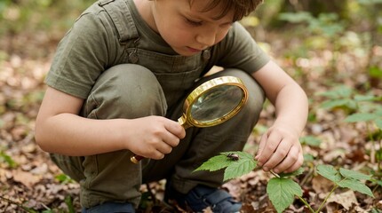 Young boy examining bug on leaf with magnifying glass in forest  