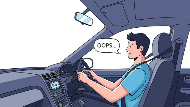 Young man driving a car and wearing a seatbelt looks surprised or makes a mistake while saying oops in a speech bubble.