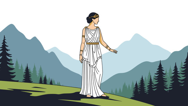 Elegant woman dressed in a classic ancient greek chiton stands gracefully on a hillside with distant mountains and pine trees.